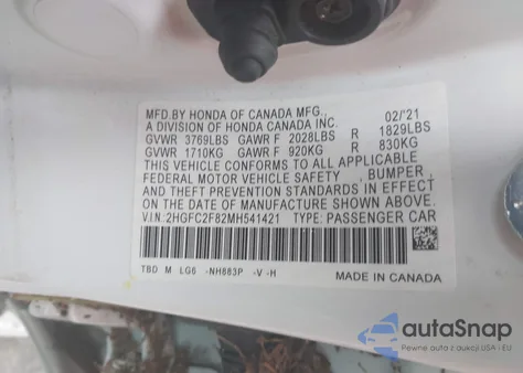 2021 Honda Civic Sport из США, поврежденный, VIN 2HGFC2F82MH541421